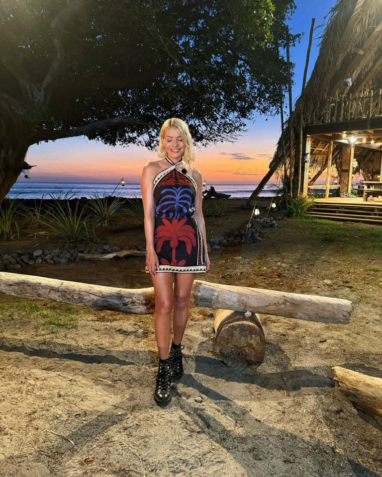Holly Willoughby in a patterned dress at sunset.