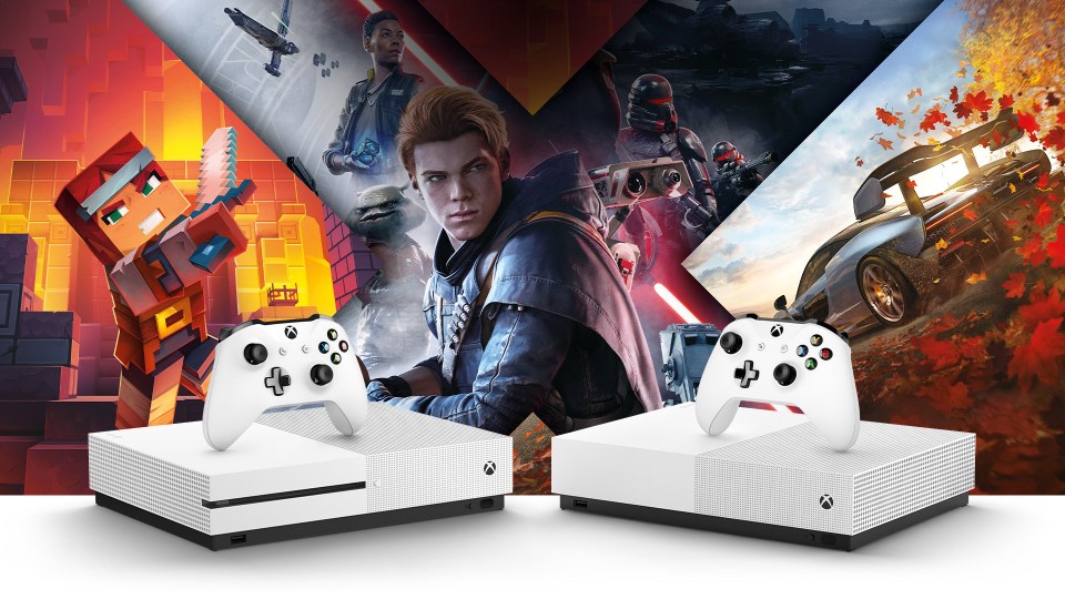 Two Xbox One consoles with controllers, showcasing various games.