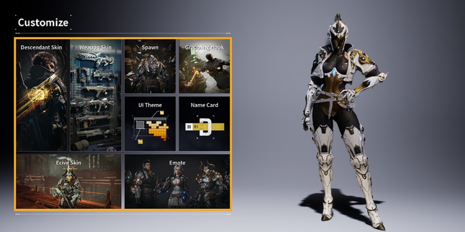 Game character customization options including skins, emotes, and UI themes.