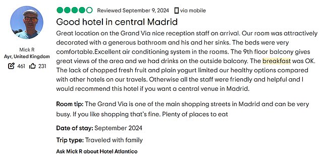 Reviews of the hotel breakfast are mixed with one disgruntled guest describing it as the 'worst I have come across in all of Europe' while others said it was 'OK' or 'very good'