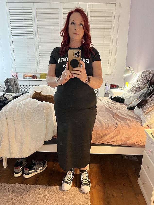 Now, Emma feels more confident on stage as the lead singer of her cover band Spike & the PieMan - performing hits from Queen, Blondie, The Killers and Stereophonics - and no longer dreads being photographed. Pictured after weight-loss