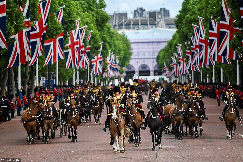 Members of the King's Troops, the Royal Horse Artillery rehearse for Trooping the Colour
