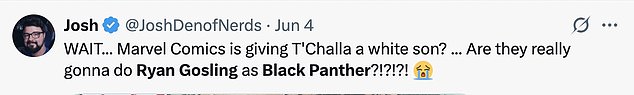 ¿Please say Ryan Gosling is going to be the Black Panther!¿ one fan posted alongside a photo of Ryan as Ken, while another begged, ¿PLEASE Marvel and Disney I want this'