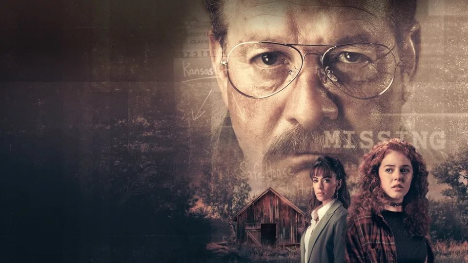 Poster for the film "Kidnapped by a killer: The Heather Robinson Story" showing a man's face, two women, and a barn.