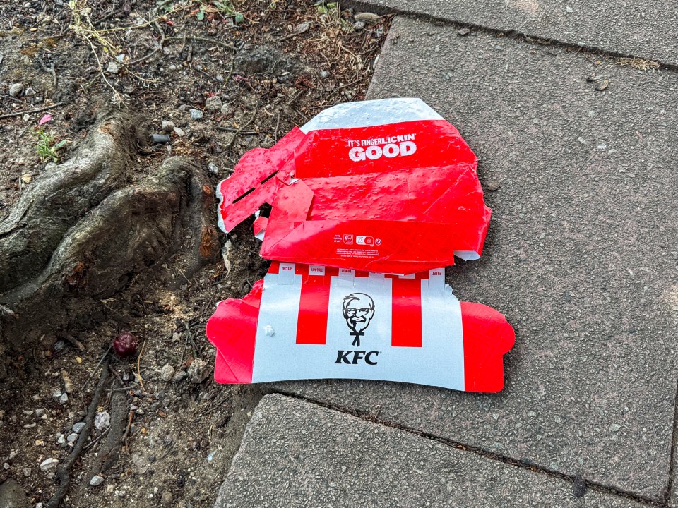 Discarded KFC takeaway box on the ground.