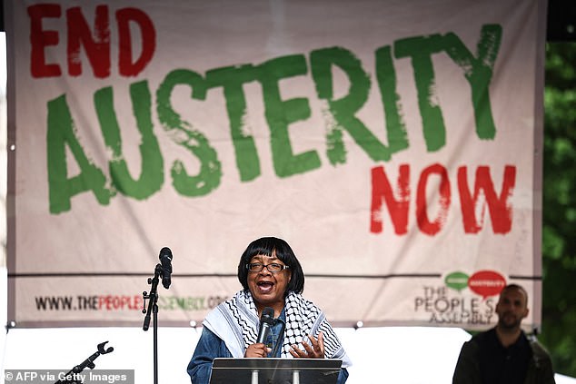 Ms Abbott led speeches today as demonstrators gathered to march against the Government's spending cuts at an event organised by The People's Assembly