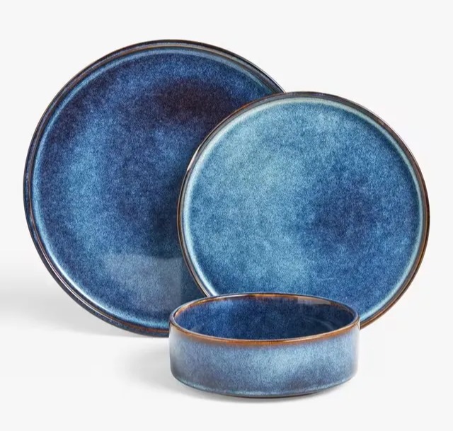 Blue ceramic dinnerware set.