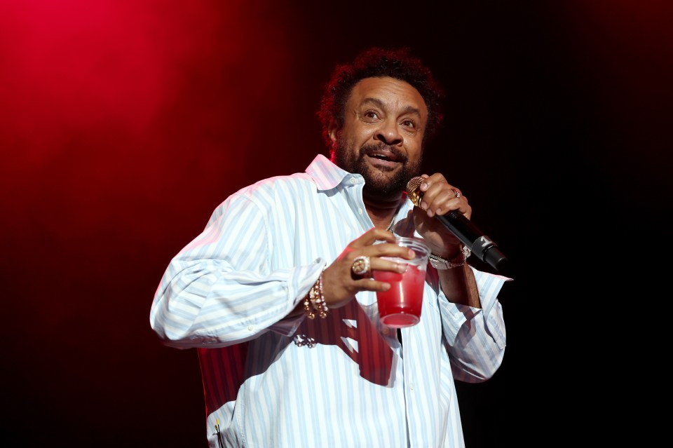 Shaggy performing onstage with a microphone and a drink.