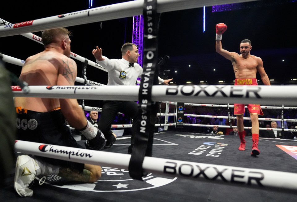 Boxer Callum Simpson celebrates his victory in a European Super-Middleweight title fight.