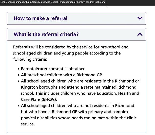 She then discovered that the specialist unit had written a letter to her GP saying: 'We are unable to see this child as we do not provide a service to school age children who attend an independent schools [sic]'. Pictured: Children's occupational therapy referral criteria from the Kingston and Richmond NHS Foundation Trust website