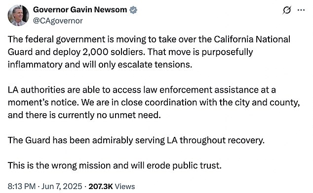 California Governor Gavin Newsom, a Democrat, suggested the Trump administration was deliberately inflaming the situation in order to justify sending in the National Guard
