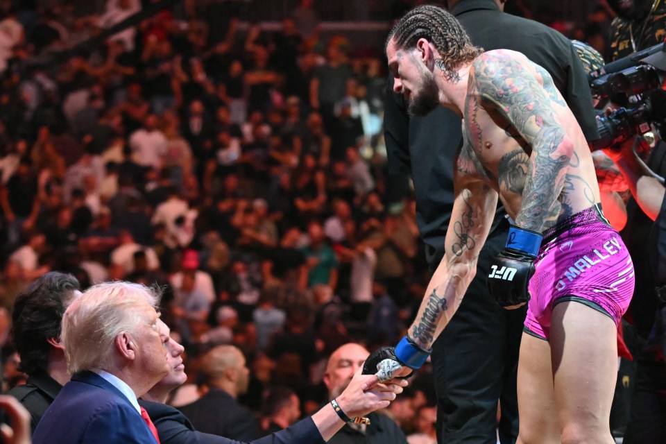 Donald Trump shaking hands with Sean O'Malley after a UFC match.