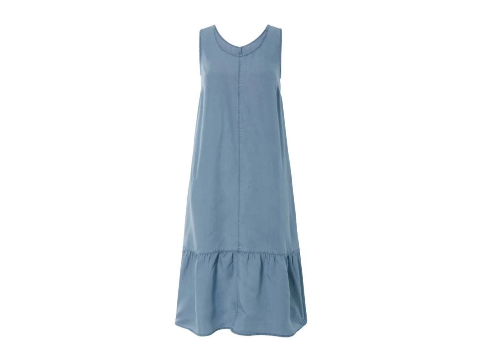 Blue sleeveless midi dress.