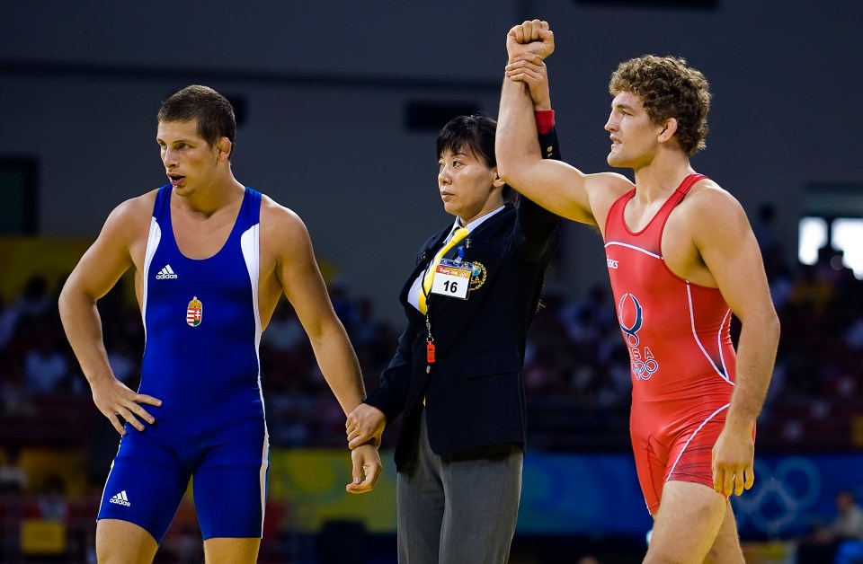Ben Askren of the United States wins a wrestling match.
