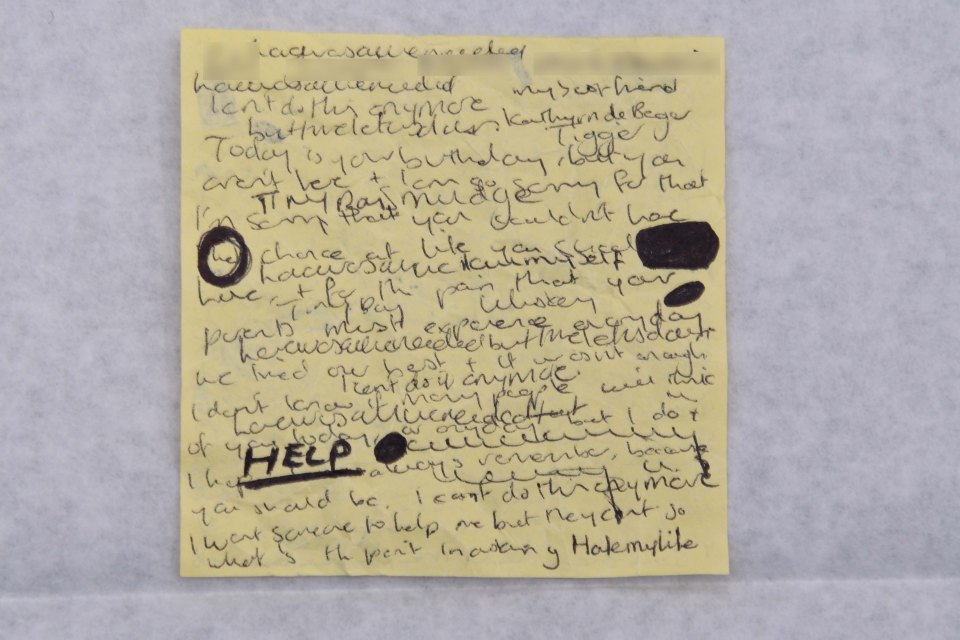 Released by the police, shows handwritten notes found in Lucy Letby's bedroom after her first arrest in 2018, ,