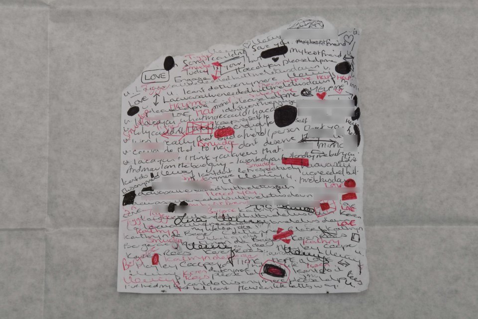 Released by the police, shows handwritten notes found in Lucy Letby's bedroom after her first arrest in 2018, ,