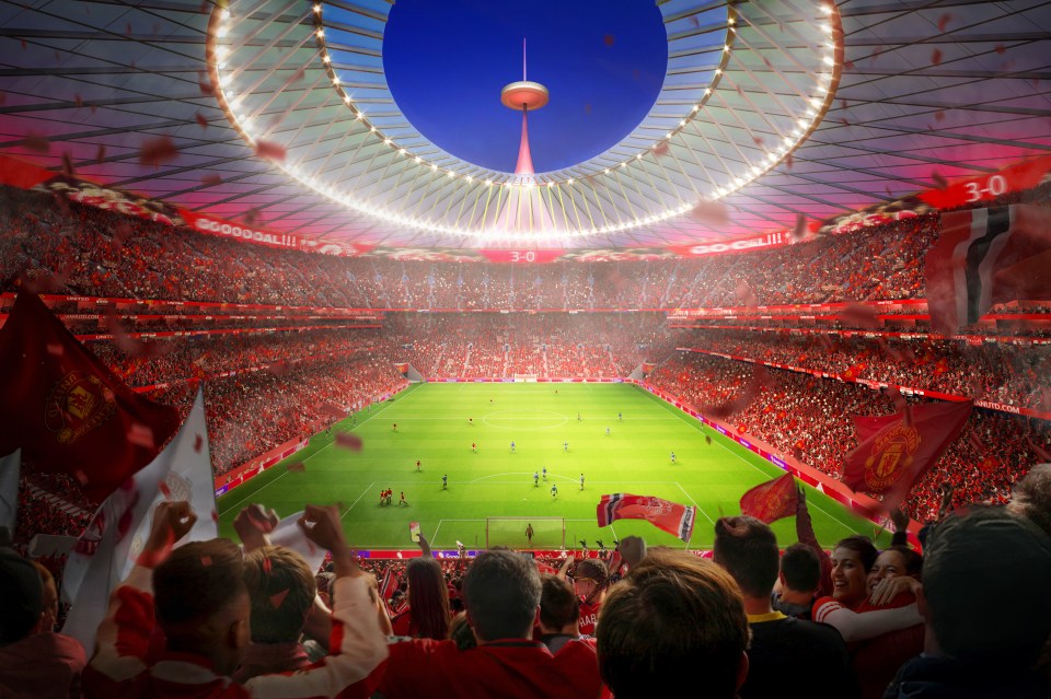 Illustration of a packed Manchester United stadium during a game.