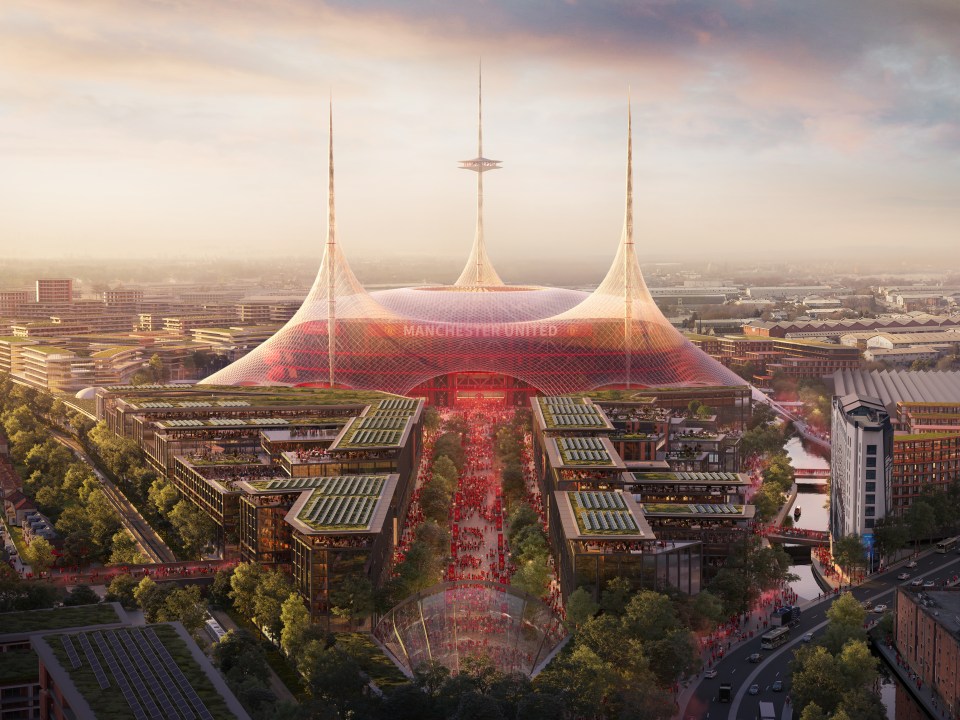 Illustration of Manchester United's proposed new stadium and surrounding development.
