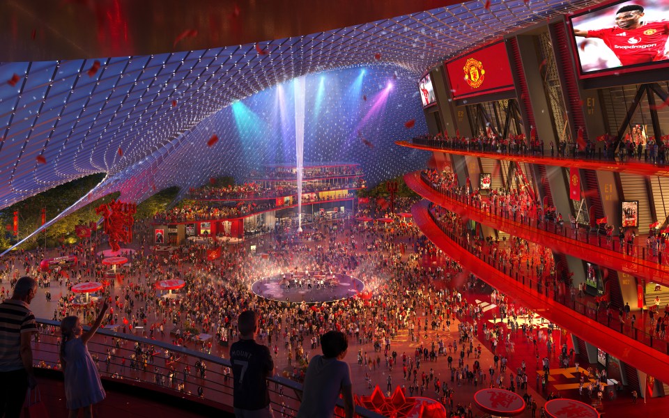 Illustration of a bustling Manchester United plaza at night.