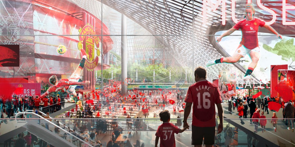 Illustration of a Manchester United museum design, showing a father and son looking at a large display featuring Manchester United players and fans.