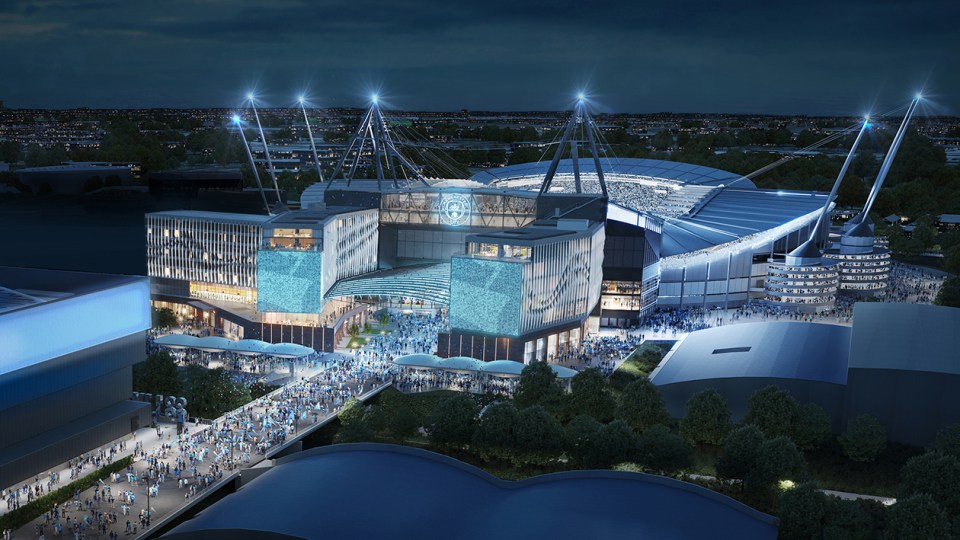 Illustration of Etihad Stadium expansion at night.