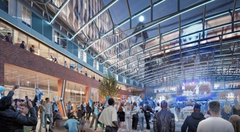 Illustration of a bustling plaza with shops and a stage, under a modern glass and steel roof.
