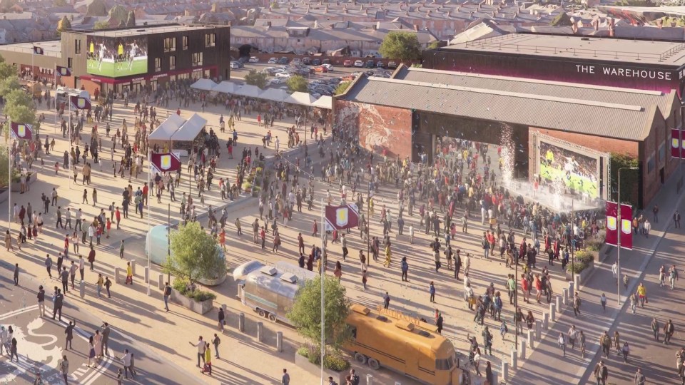Aerial view of Aston Villa's new venue, The Warehouse, showing a large crowd gathered for an event.