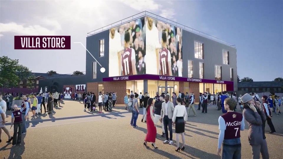 Rendering of Aston Villa's new "The Warehouse" venue, showing a Villa Store and other amenities.