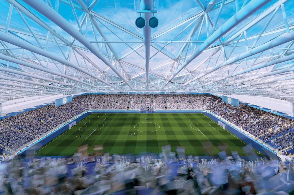 Illustration of King Power Stadium expansion plans, showing a full stadium with 8,000 additional seats.