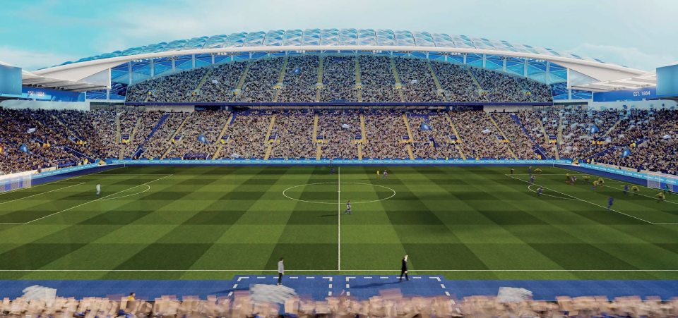 Illustration of King Power Stadium expansion plans, showing a full stadium with 8,000 additional seats.