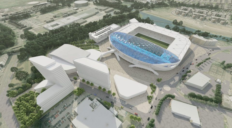 Aerial illustration of King Power Stadium expansion plans, including a new hotel and entertainment arena.