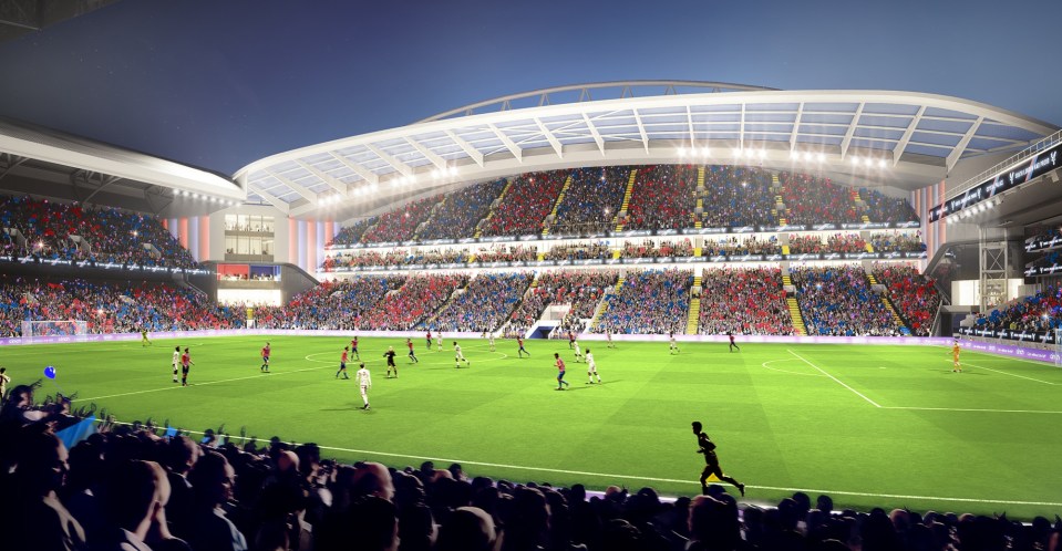 Proposed expansion of Selhurst Park football stadium, showing increased seating capacity and modernized facilities.