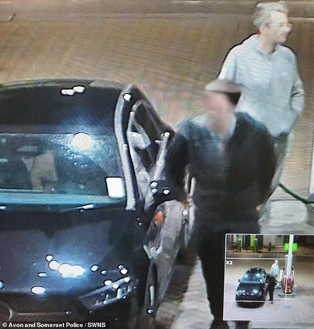 Mr Wheeler, pictured in grey, at a petrol station was last spotted on CCTV at a petrol station just a few hours before his death