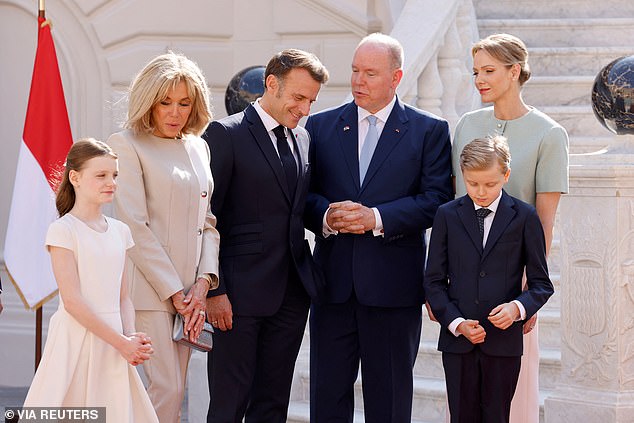 Yesterday, Prince Albert and Princess Charlene of Monaco were joined by their twin children, Prince Jacques and Princess Gabriella in welcoming France 's President Emmanuel Macron and his wife Brigitte Macron on their state visit to the country on Saturday 7 June