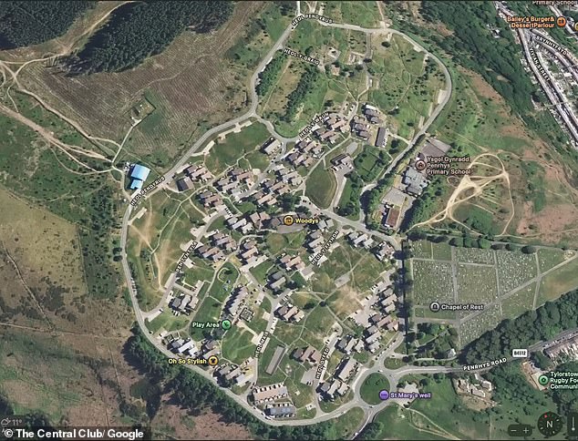 An aerial Google Maps view of Penrhys shows large areas of green open space where homes once used to stand