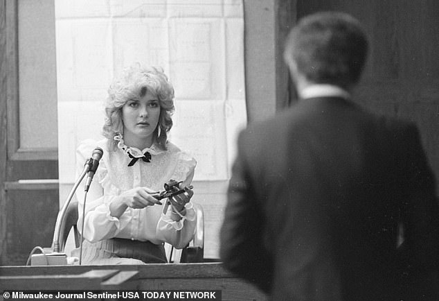 Laurie is seen aged just 23 years old speaking on the stand for the murder trial in 1982