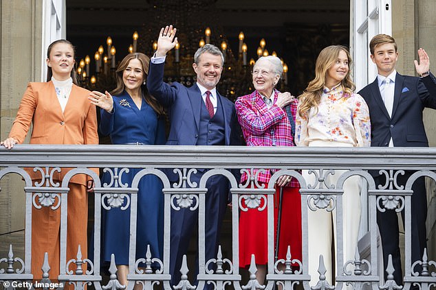 The core members of the Danish royal family appeared on the palace balcony on May 26 to greet crowds of well-wishers. In attendance were King Frederik (centre), his wife Queen Mary (centre left) and former monarch Queen Margrethe (centre right). Also present were three of Frederik's children (left to right) Princess Isabelle, Princess Josephine and Prince Vincent