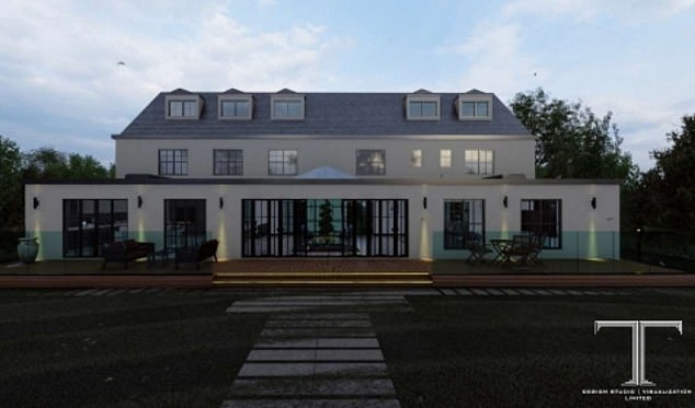 This artist's impression of the rear elevation is not the same as the property's extended garage and roof, as well as altered window layouts, which locals say deviate from the original plans approved by Buckinghamshire Council