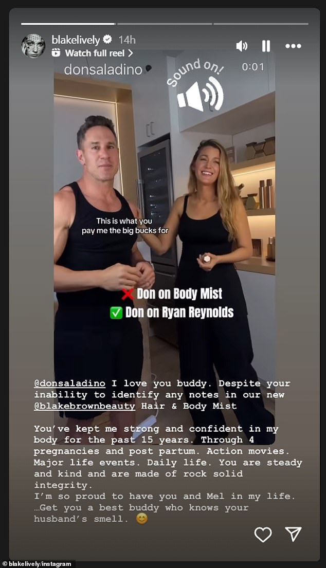 Lively reposted a reel that was originally shared to Saladino's Instagram page as he tried to guess which Hair and Body Mist that her husband Ryan Reynolds wears