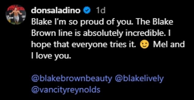 'Blake I'm so proud of you,' he began. 'The Blake Brown line is absolutely incredible. I hope that everyone tries it. Mel and I love you'