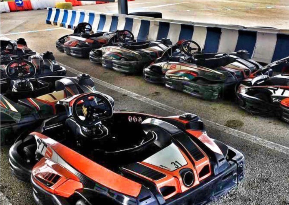 Go-karts at a track in Menorca, Spain.