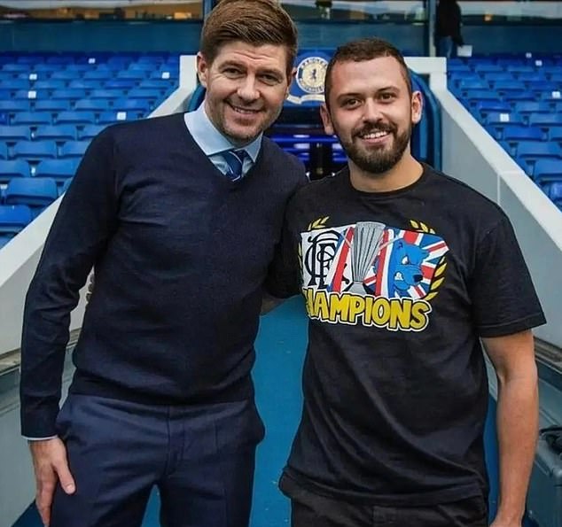 The man at the centre of the violent gang war is believed to be Ross McGill, a Rangers FC hooligan pictured here with former Rangers boss Steven Gerrard - whose daughter Lilly is engaged to the son of a top ranking Kinahan cartel thug associated with the Lyons gang