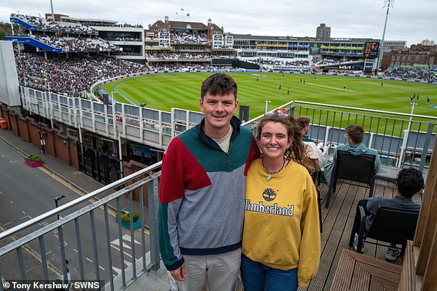 Meanwhile, marketing worker Ollie Pearce, pictured left, and girlfriend Freya Hatter,right, a marine biologist, came up to the terrace with a meal deal on their lunch break