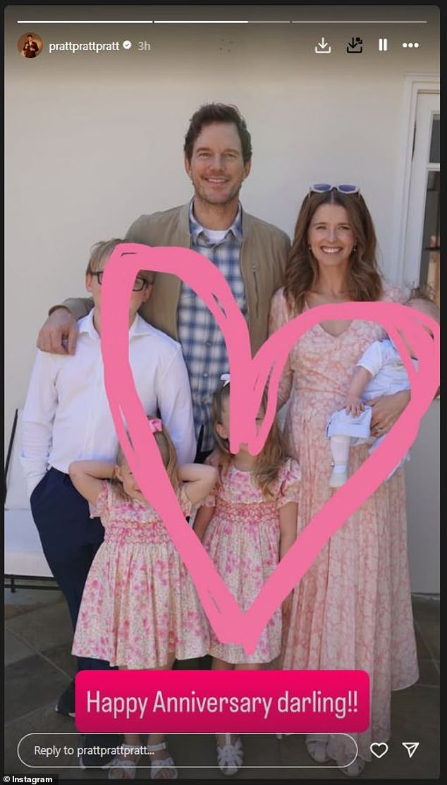 Pratt shared a family photo as he wished his 'darling' a happy anniversary