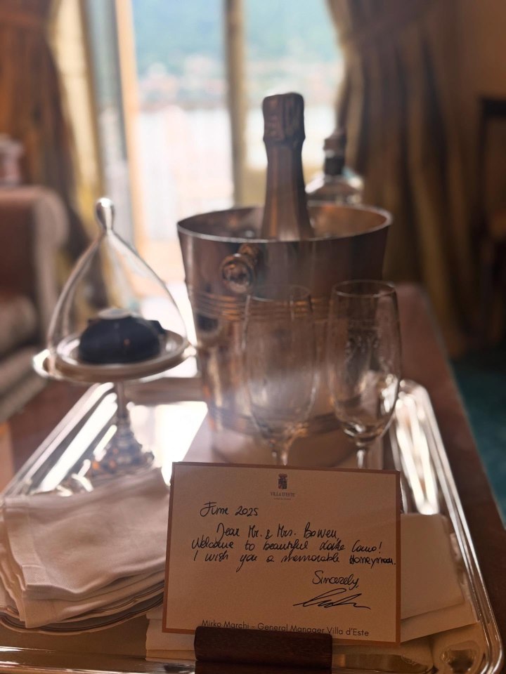 Champagne, glasses, and a welcome note for Dani Dyer and Jarrod Bowen's honeymoon.