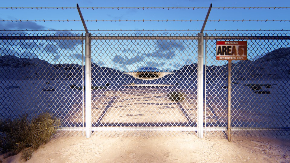 Illustration of a UFO behind a chain-link fence marked Area 51.