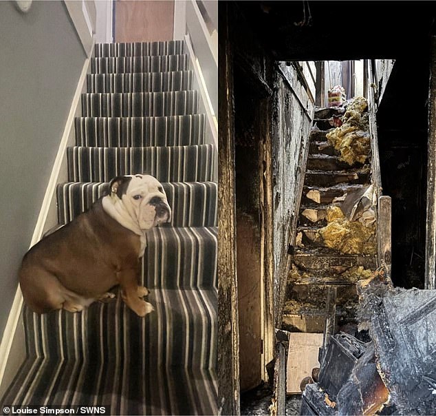 The effects of the fire can be seen in this harrowing before and after image of Ms Simpson's staircase