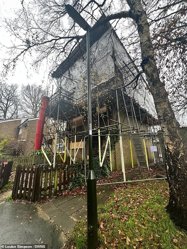 The council offered her alternative accommodation but she wants to move back into her house once it is repaired, which will take around a year (Pictured: scaffolding outside the property)