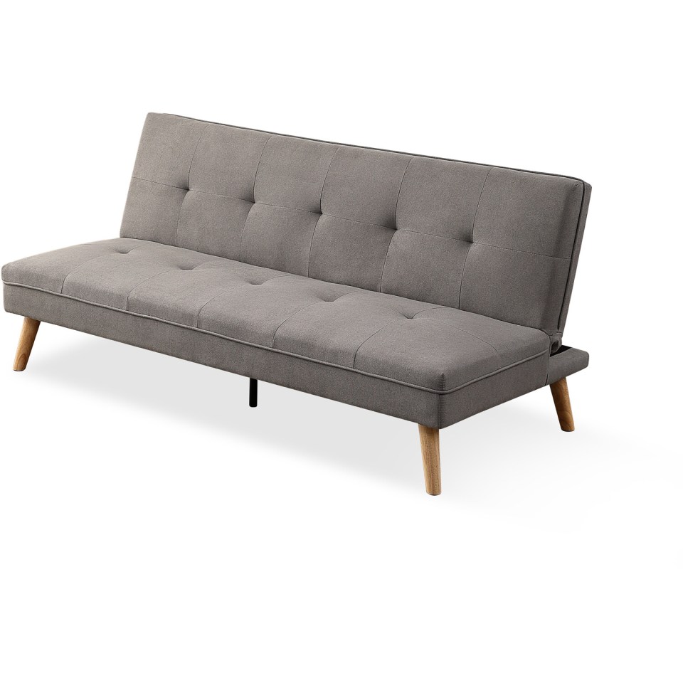 Gray futon couch with wooden legs.