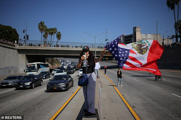A demonstrator waves a flag as she stands on the closed-down highway